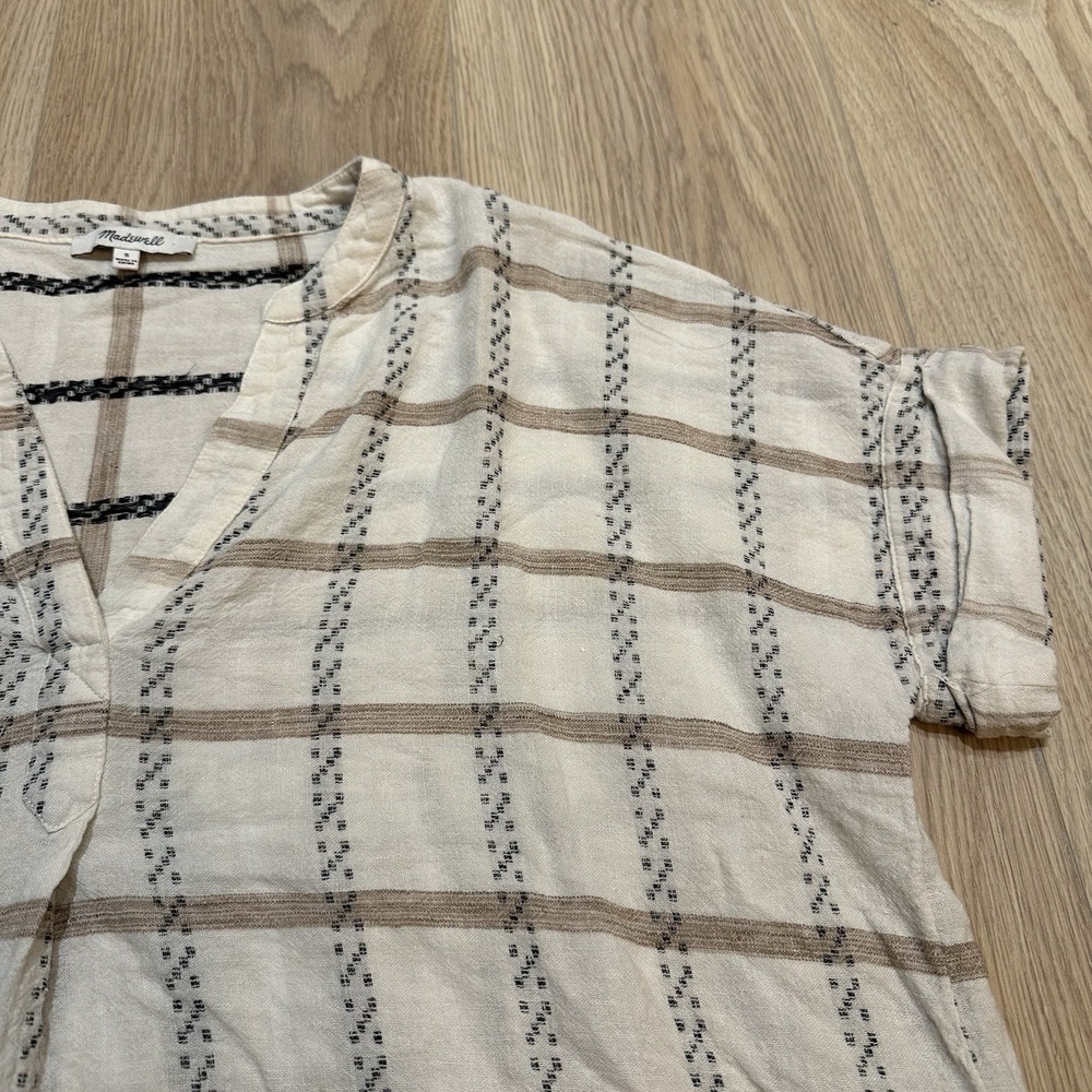 Madewell Lakeline Popover Short Sleeve Shirt Cream Plaid Boxy Linen Blend Size S - Picture 5 of 9